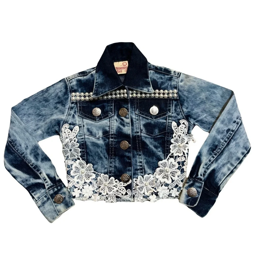 Kids Denim Jacket with Lace and Pearl Accents - Girls 4